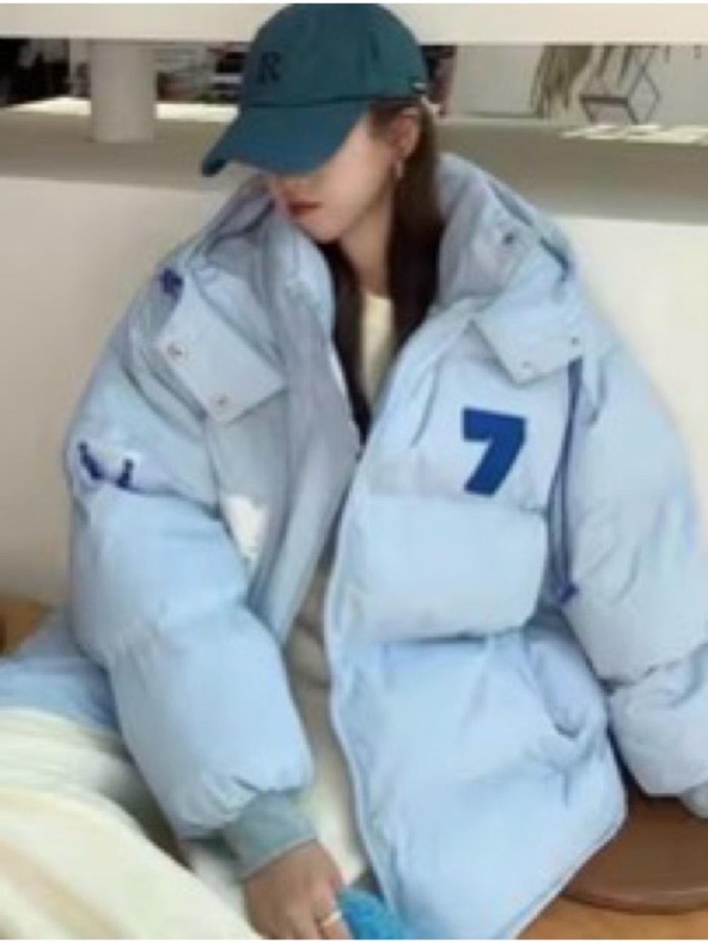 K-pop style light Blue Puffer Jacket with Number 7 - Women
